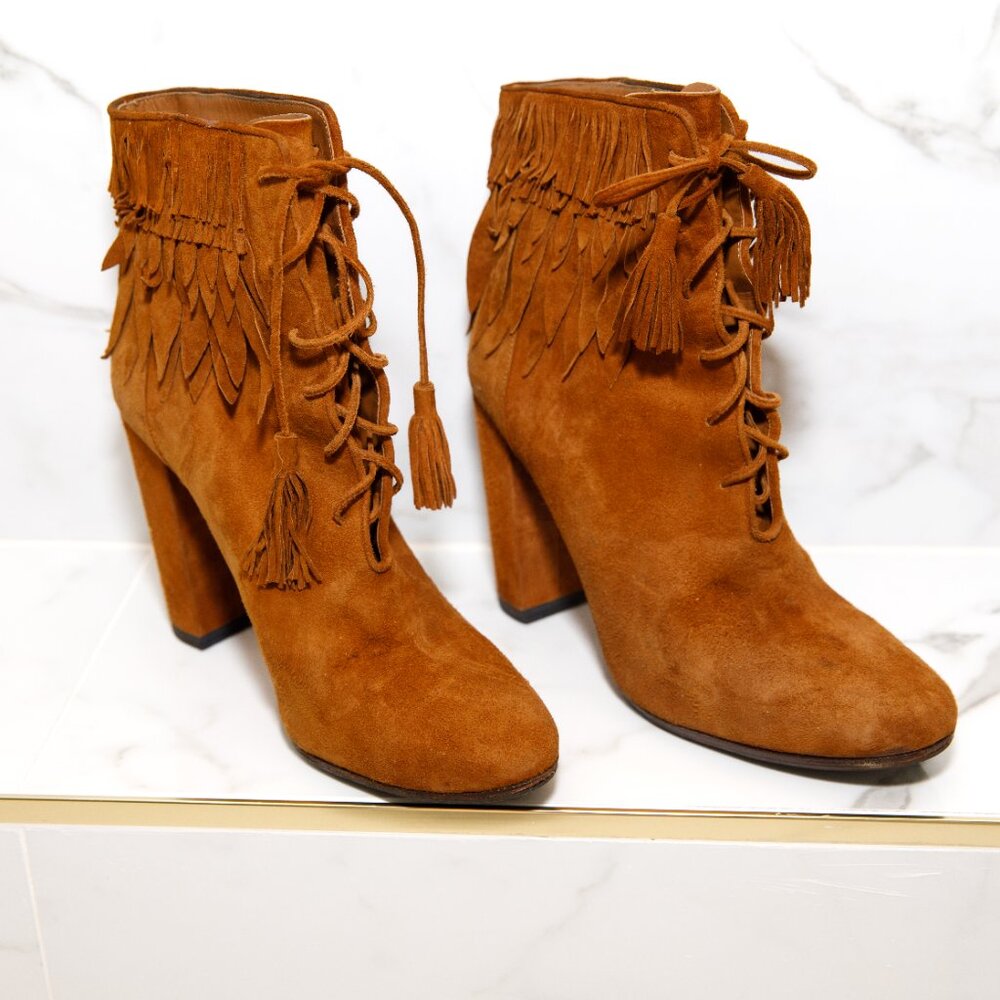 Aquazzura Brown Suede Fringe Ankle Boot Block Heel EUR 41 US 10